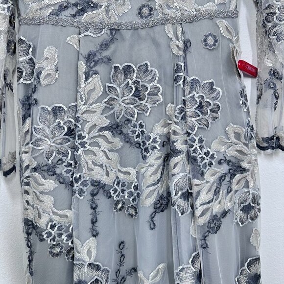 Mac Duggal Floral Embroidered Illusion Long Sleeve Gown Platinum Silver NWT 8 - Picture 7 of 12